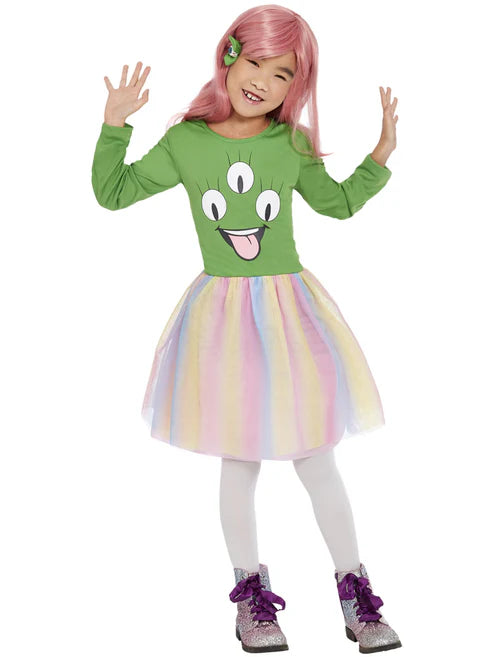 Alien Costume Green Dress for Girls with Hair Clips