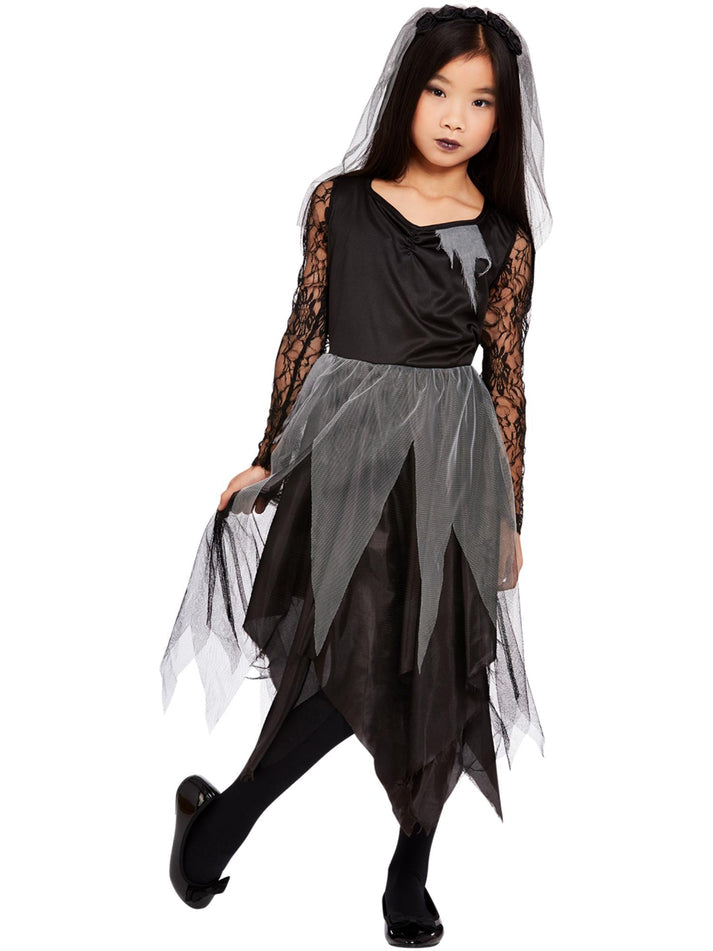 Graveyard Bride Costume Black Dress and Veiled Headband for Girls 3