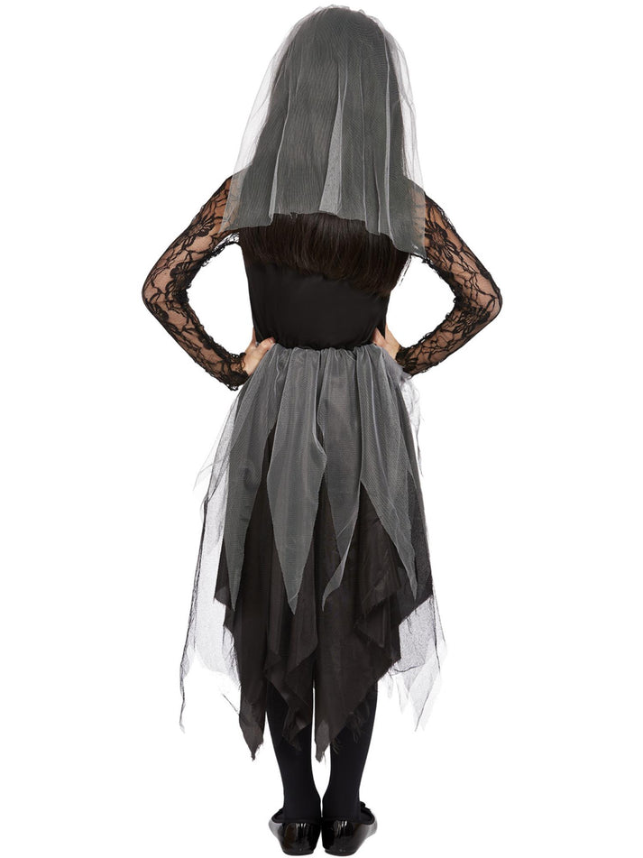 Graveyard Bride Costume Black Dress and Veiled Headband for Girls 4