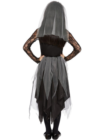 Graveyard Bride Costume Black Dress and Veiled Headband for Girls 4