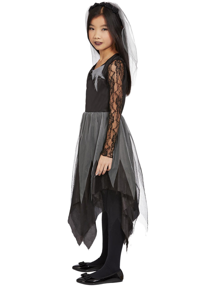 Graveyard Bride Costume Black Dress and Veiled Headband for Girls 2