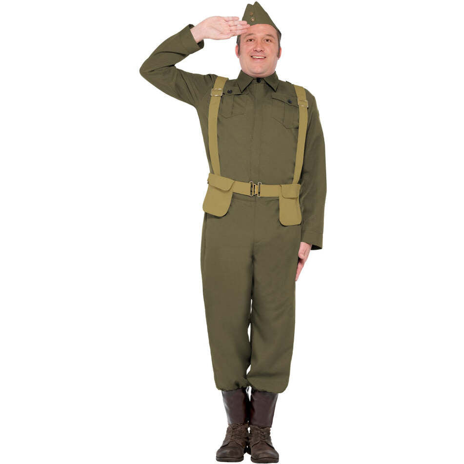 WW2 Home Guard Private Costume Adult Green Trousers Ankle Covers Jacket Hat and Harness Belt 1