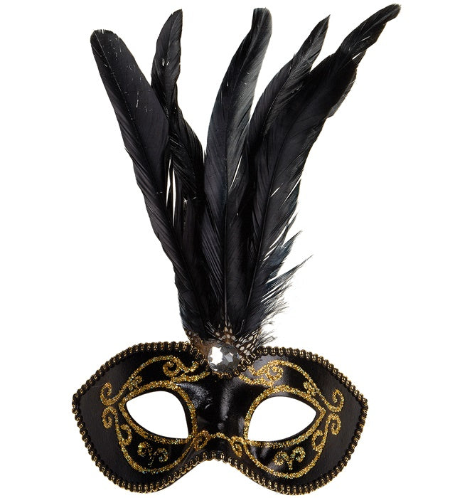 Gold  Black Eyemask With Gem & Feathers