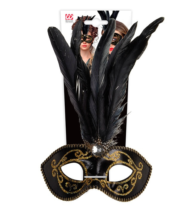 Gold  Black Eyemask With Gem & Feathers