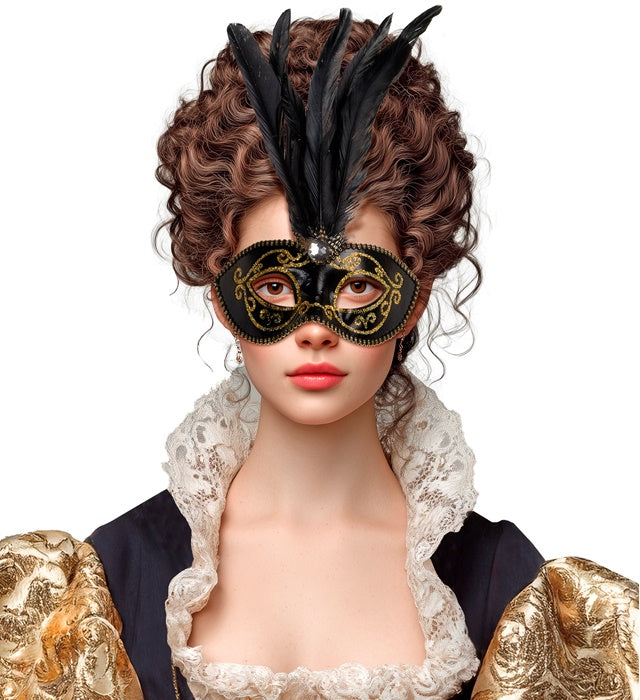 Gold  Black Eyemask With Gem & Feathers