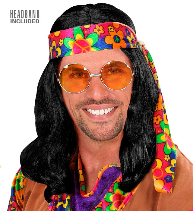 “Hippie Dude Wig With Headband” Black - In Polybag
