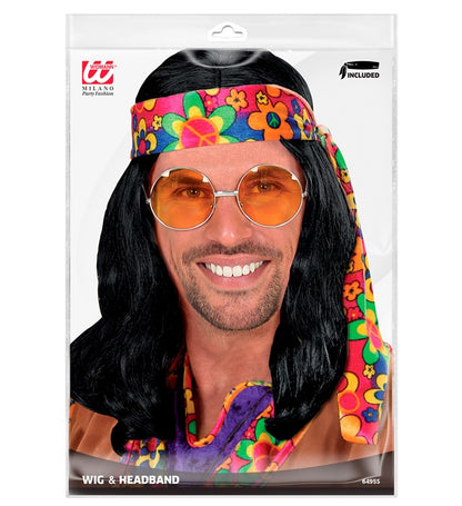 “Hippie Dude Wig With Headband” Black - In Polybag