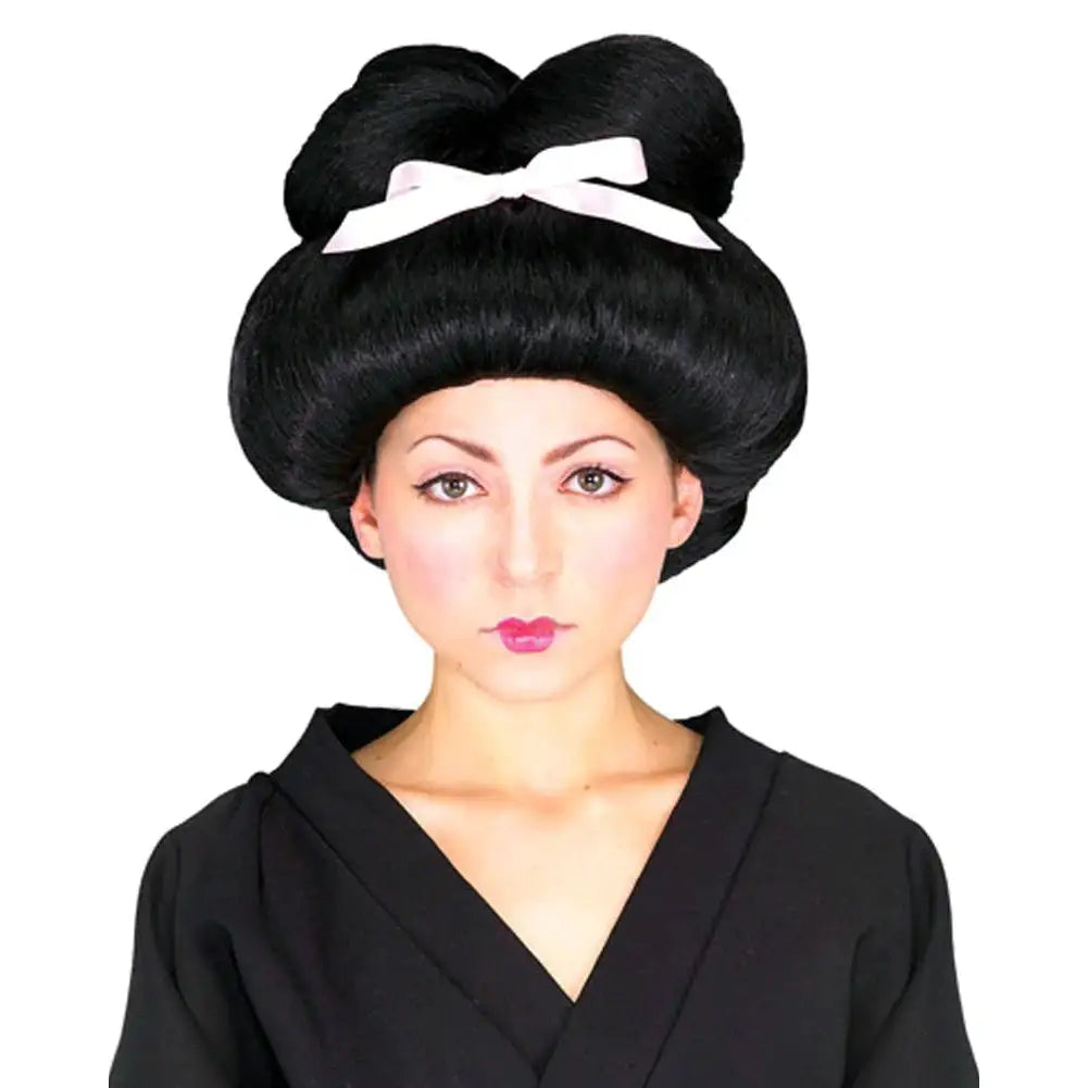 Geisha Woman Black Wig Pink Bow 1