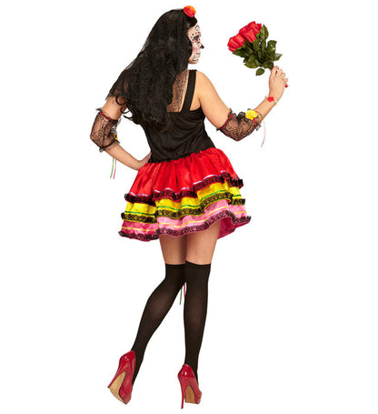 Mujer Dia De Los Muertos  Dress, Fingerless Gloves, Thigh Highs, Headpiece With Veil 