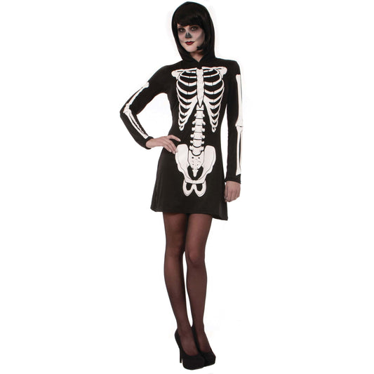 Womens Skeleton Mini Dress Hooded Adult Costume Female Halloween 1