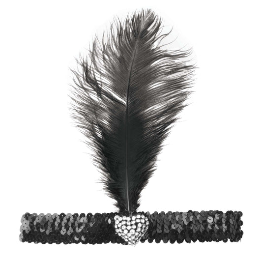 Black Flapper Headband With Crystal Heart Costume Accessory 1