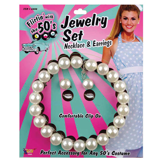 Womens 50s Pearl Necklace + Earring Set White Costume Accessories Female Halloween 1