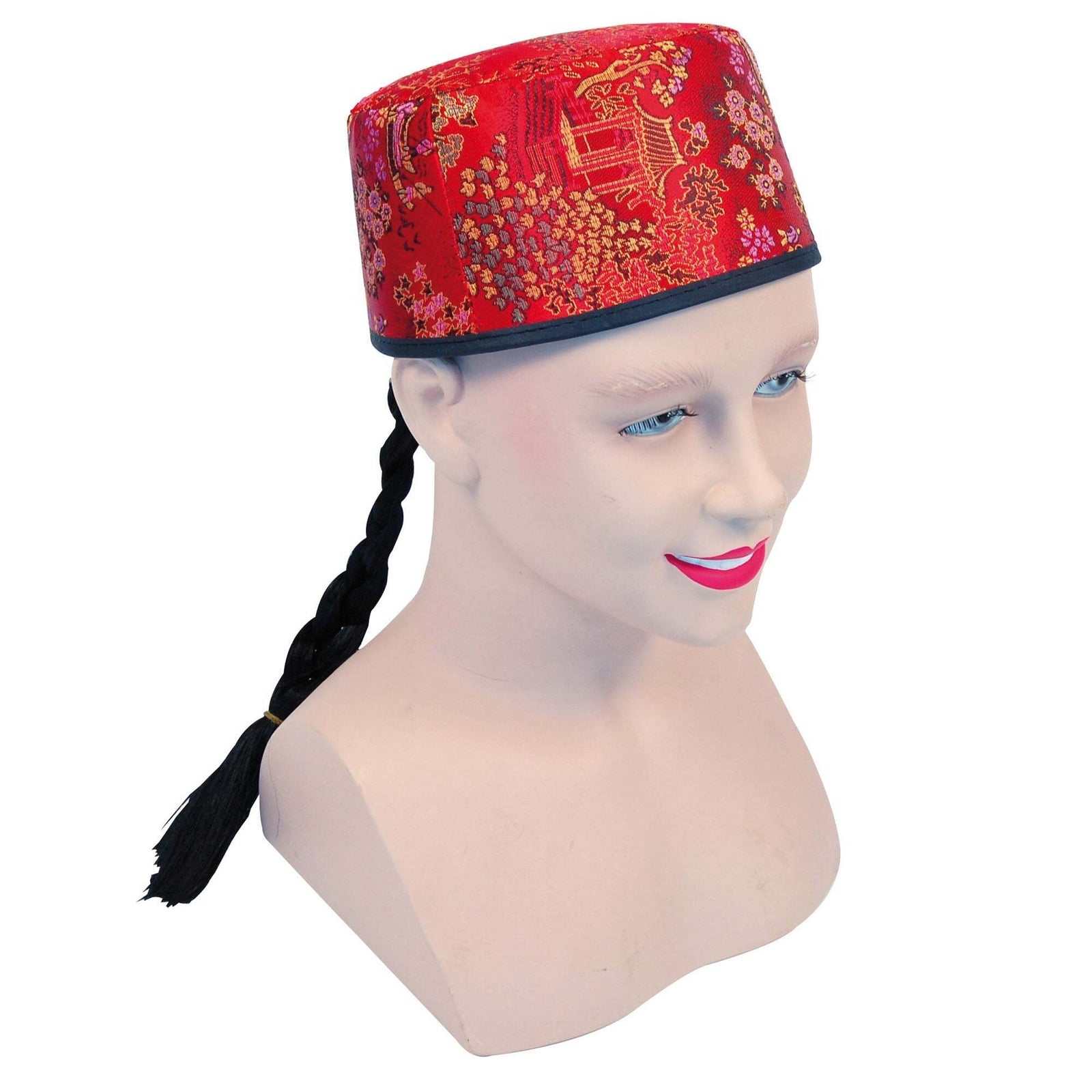 Red Fabric Chinese Mandarin Hat with Pigtail Plait 1