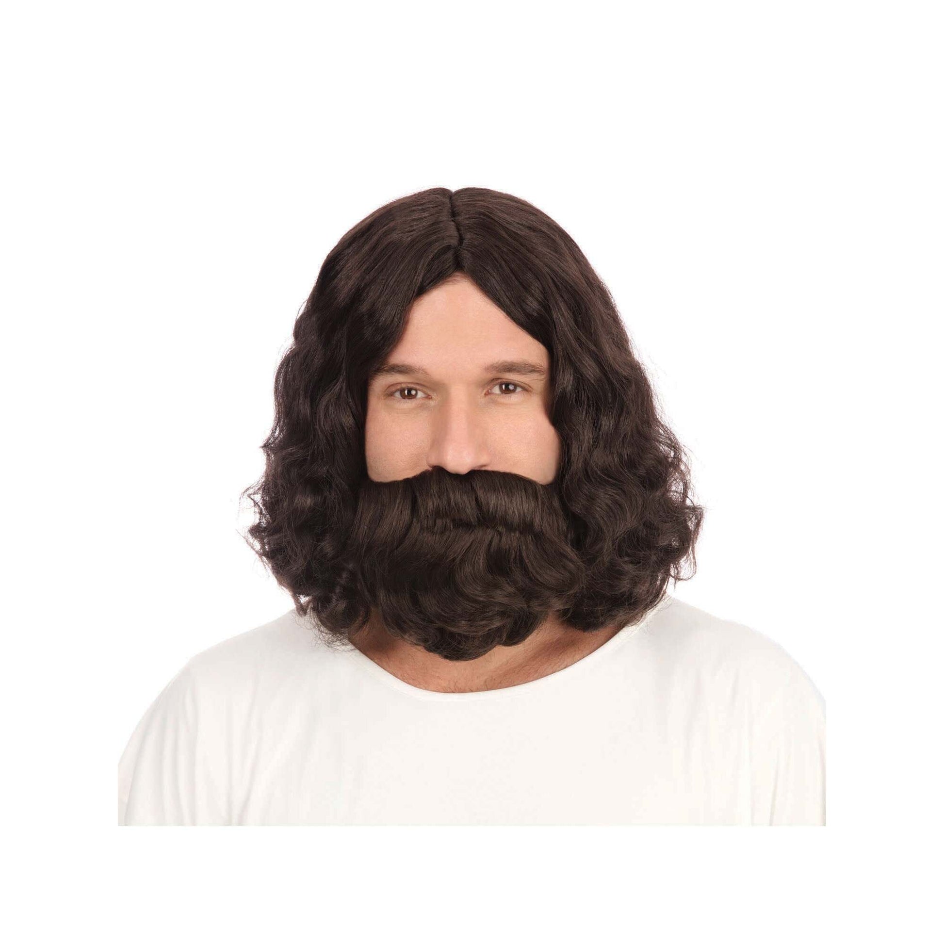 Jesus Wig & Beard Set Hippy Brown Hair 1