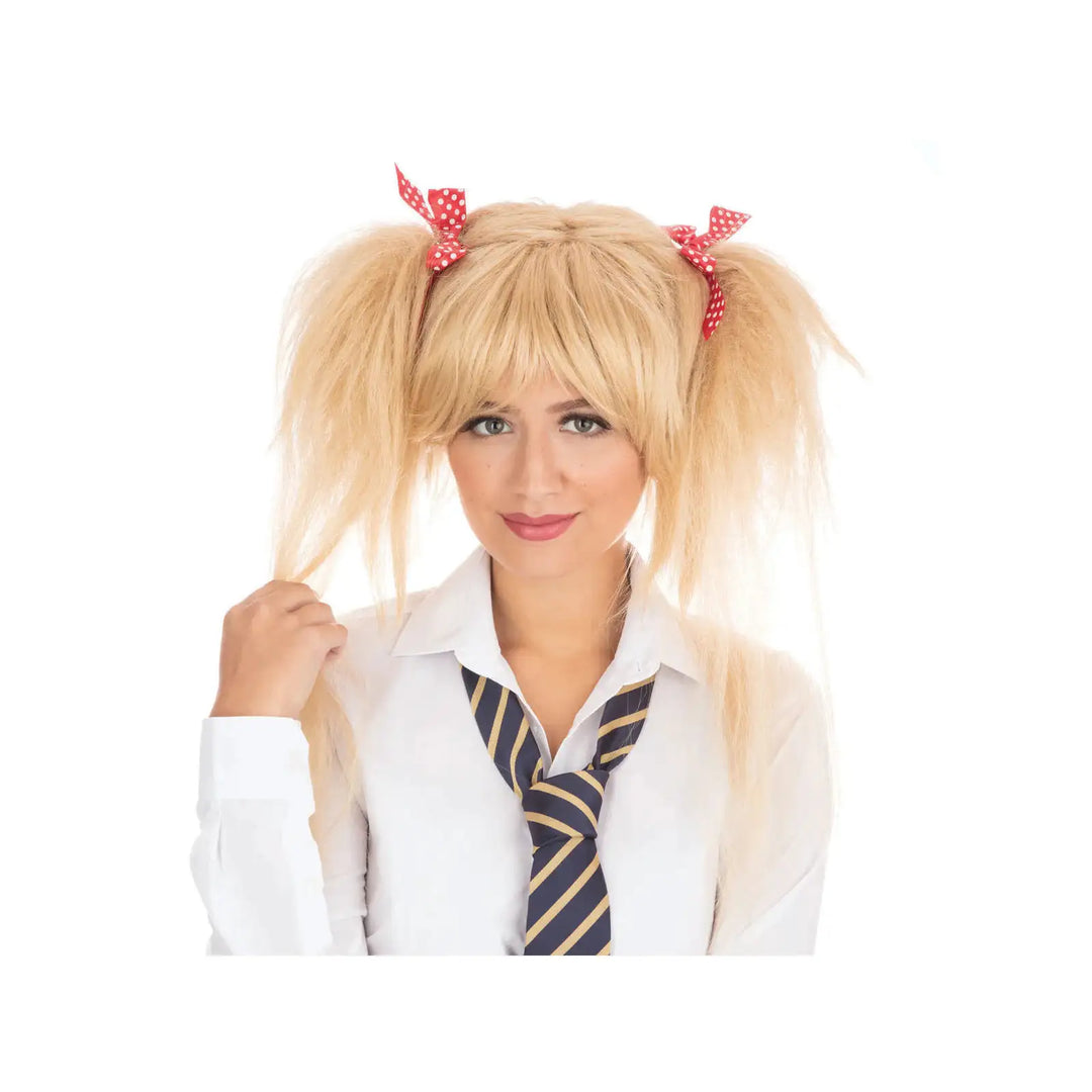 Schoolgirl Wig Blonde Red Bows 1