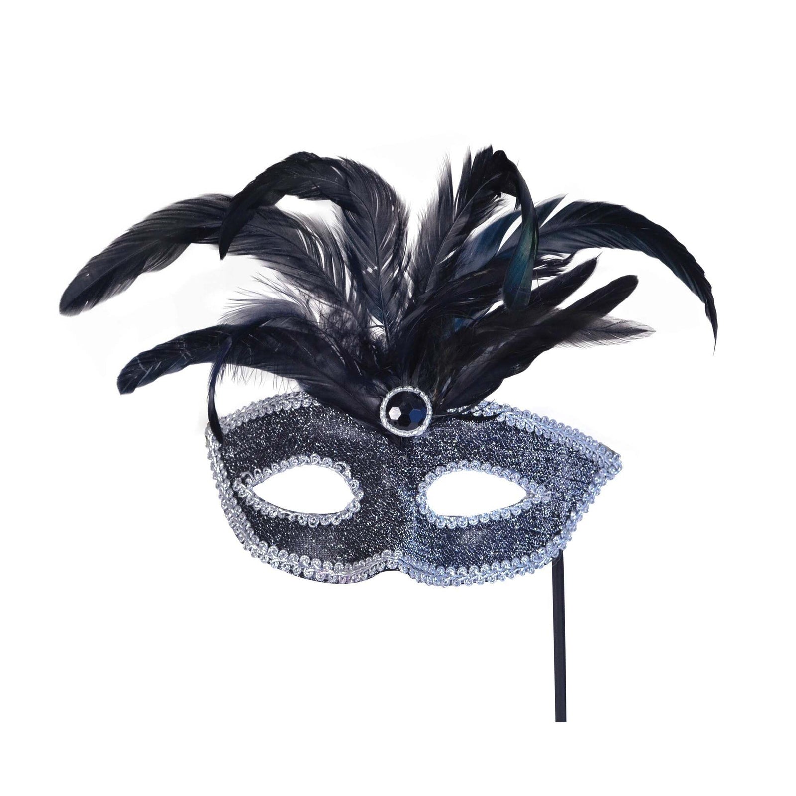 Black Mask Silver Trim + Feathers On Stick Eye Masks Unisex 1