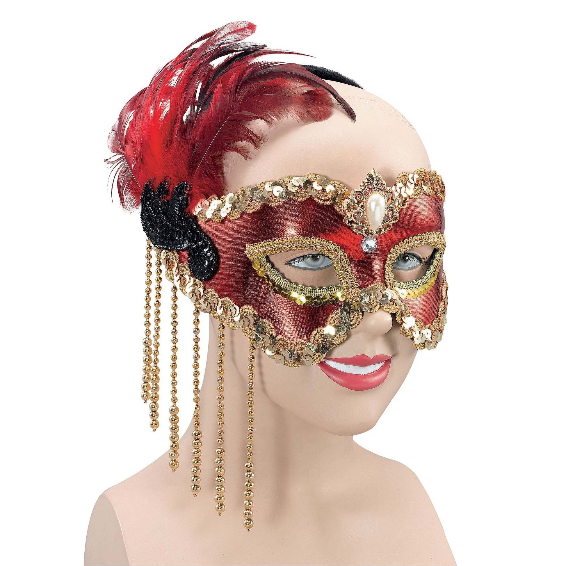 Womens Red Satin Mask & Feathers Eye Masks Female Halloween Costume 1