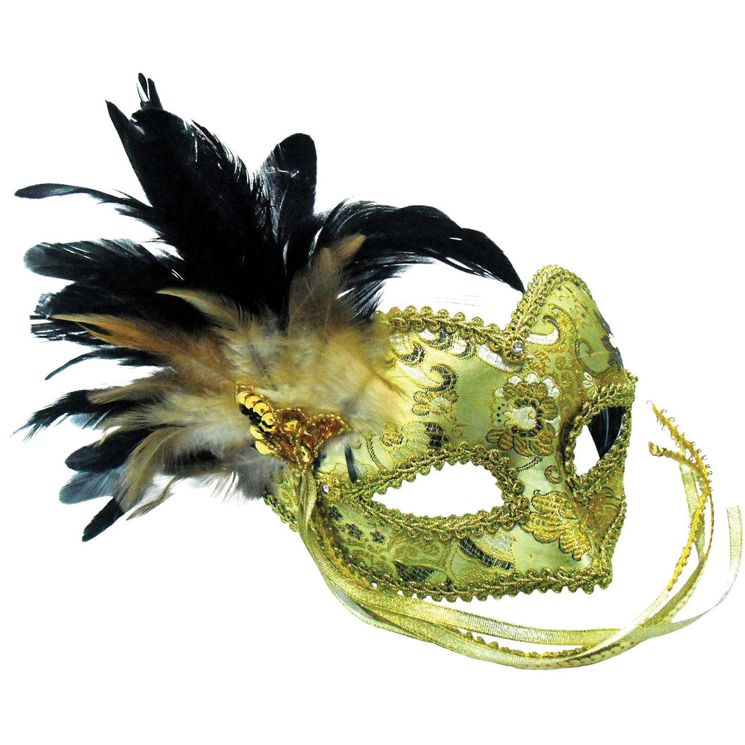 Gold &amp; Braided Eye Pattern Mask Masquerade with Feathers 1