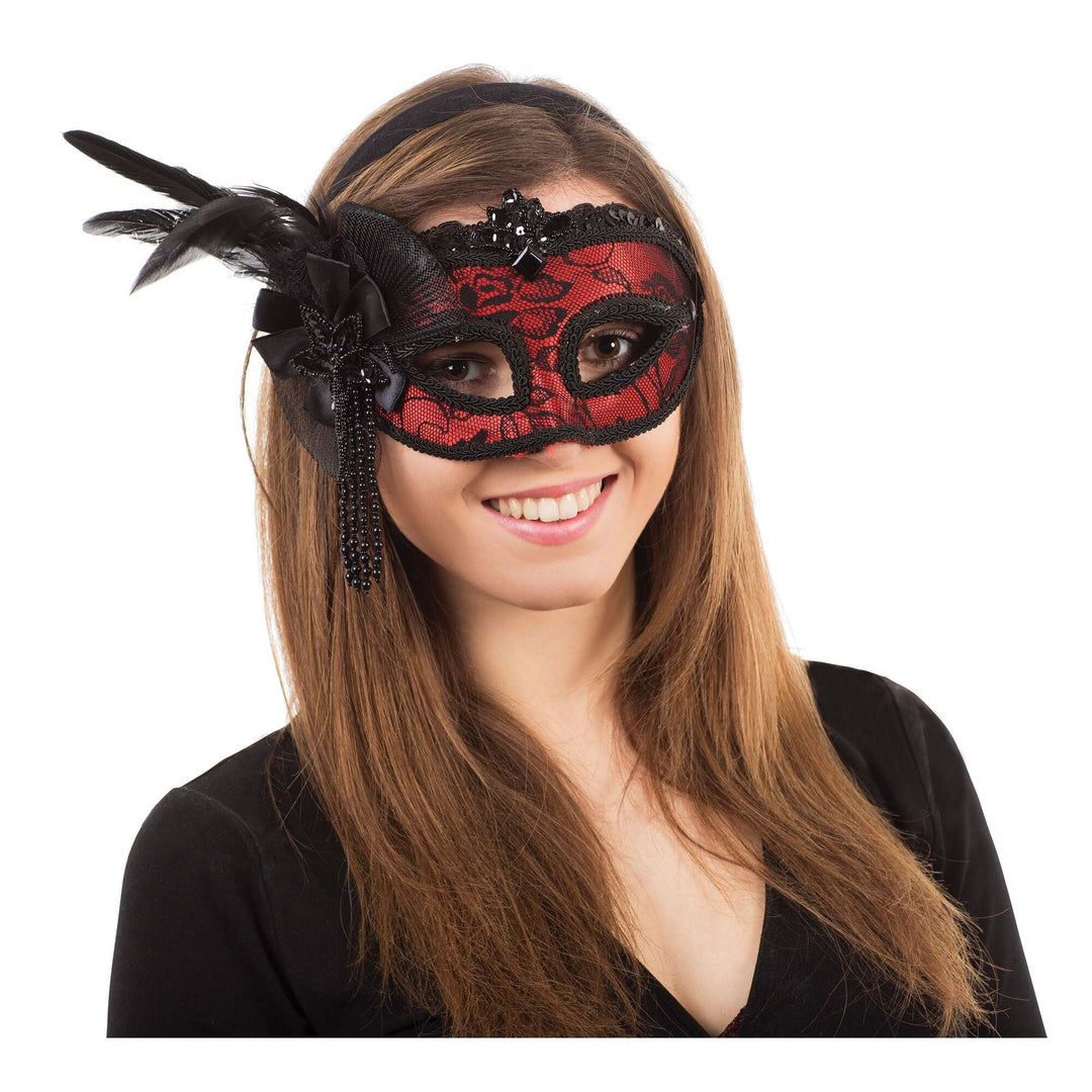 Red Side Feather Mask on Headband Eyemask 1