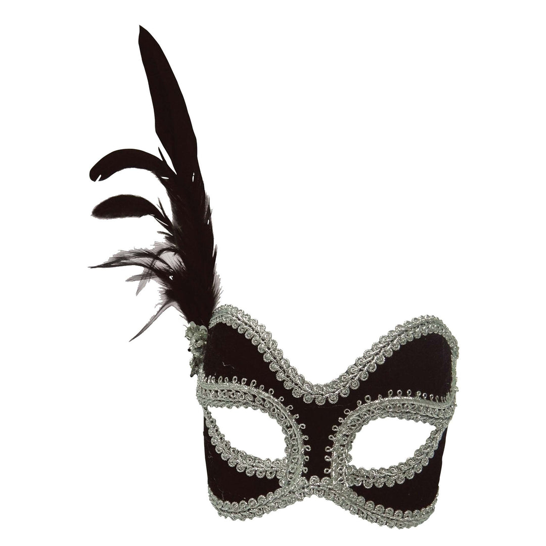 Black &amp; Silver Velvet Eye Mask with Feather 1
