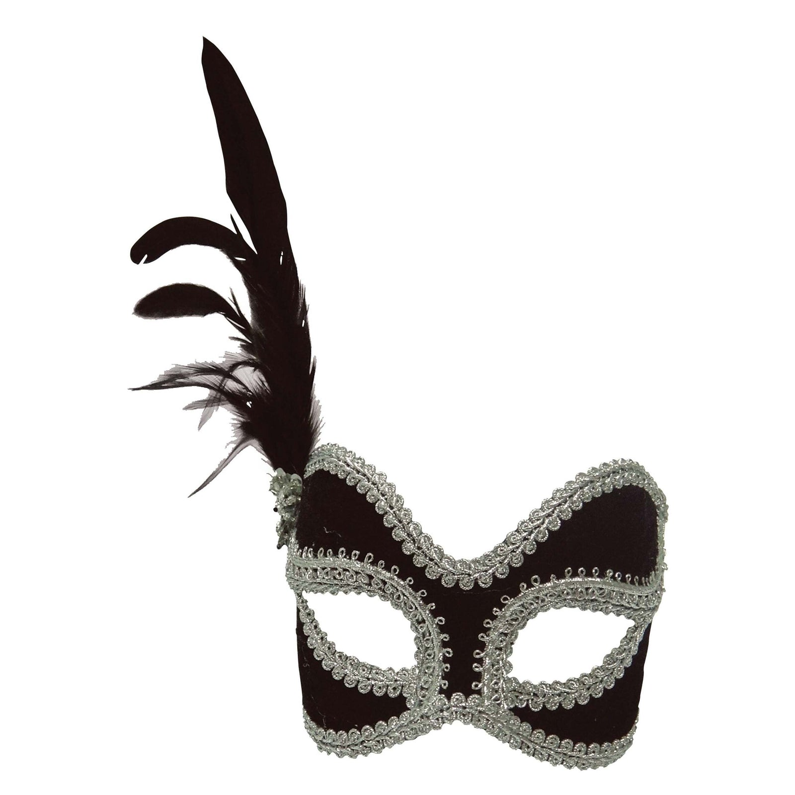 Black & Silver Velvet Eye Mask with Feather 1