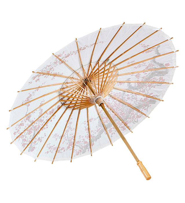 Decorated White Rice Paper Oriental Parasol With Wooden Structure Ø 84 Cm