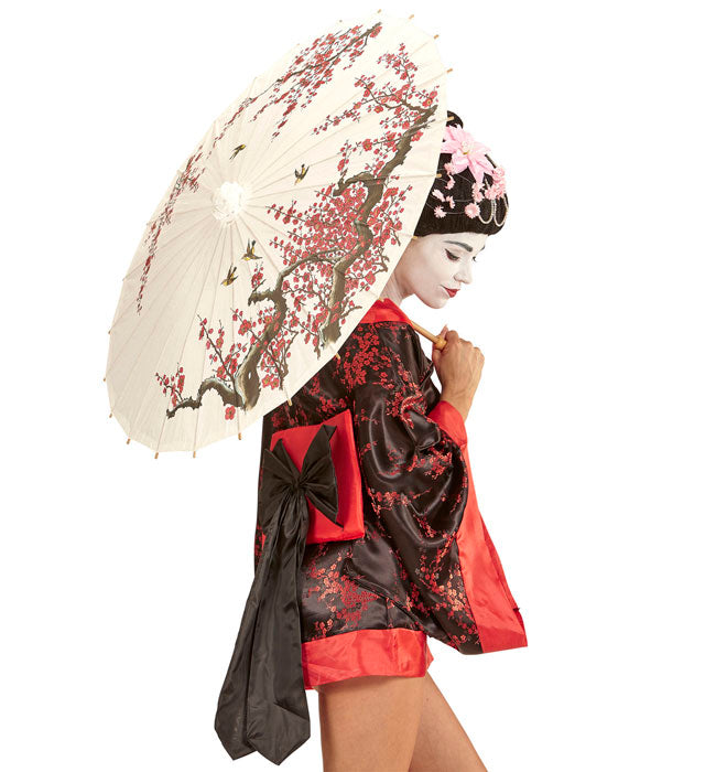 Decorated White Rice Paper Oriental Parasol With Wooden Structure Ø 84 Cm