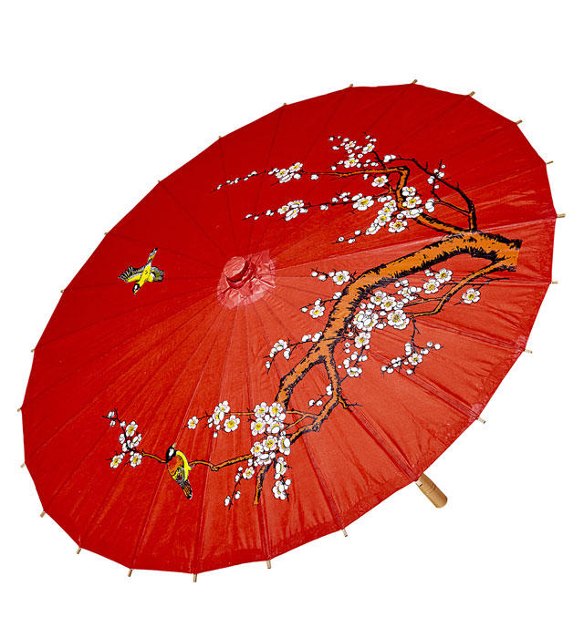 Decorated Red Rice Paper Orientalparasol With Wooden Structure Ø 84 Cm