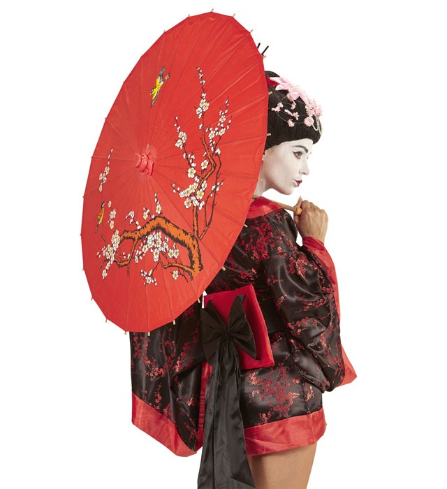 Decorated Red Rice Paper Orientalparasol With Wooden Structure Ø 84 Cm