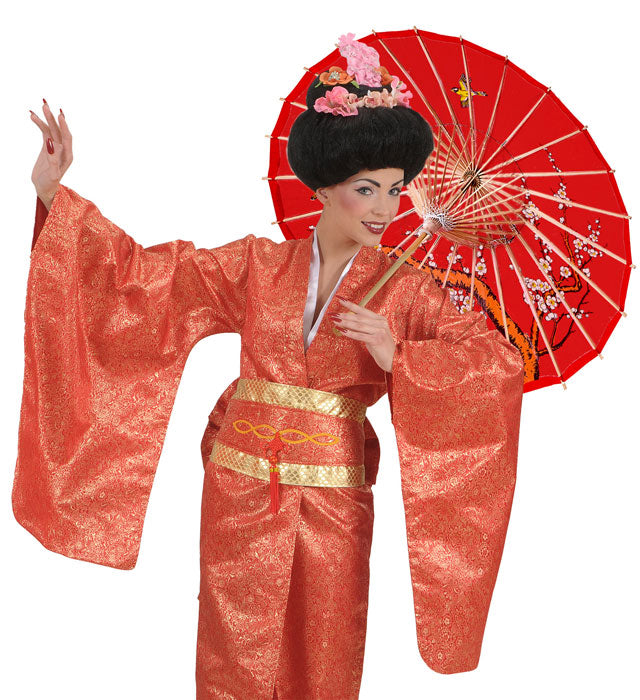 Decorated Red Rice Paper Orientalparasol With Wooden Structure Ø 84 Cm