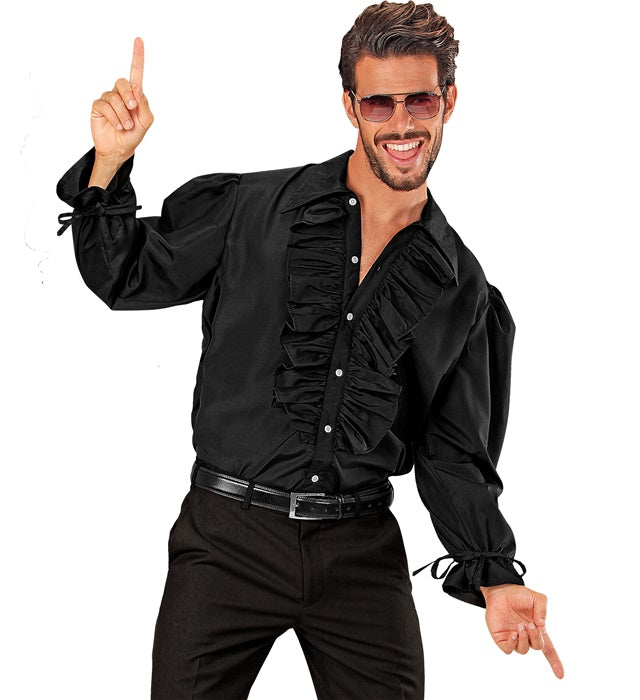 Black Ruffle Shirt For Medieval, Renaissance, Colonial, Gothic, Masked Bandit, Pirate, Vampire, Disco