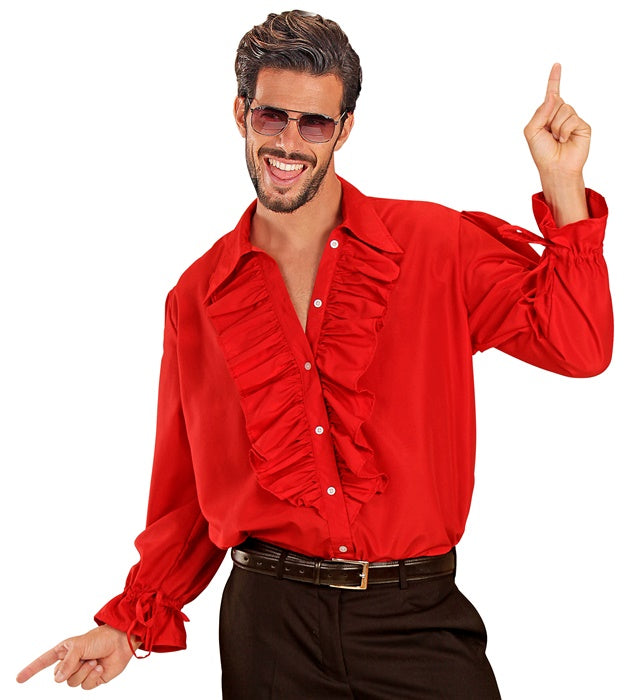 Red Ruffle Shirt For Medieval, Renaissance, Colonial, Gothic, Flamenco, Pirate, Vampire, Disco