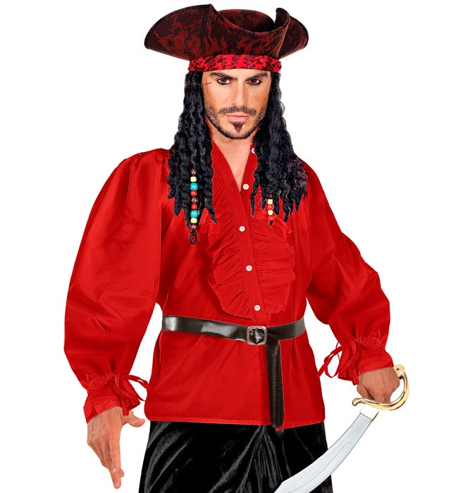 Red Ruffle Shirt For Medieval, Renaissance, Colonial, Gothic, Flamenco, Pirate, Vampire, Disco