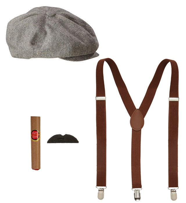 The Roaring 20S Fashion  Cap, Braces, Moustache, Cigar 