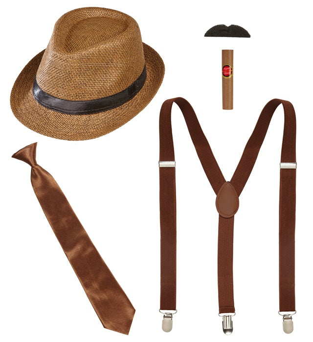 The Roaring 20S Fashion  Hat, Braces, Tie, Moustache, Cigar 