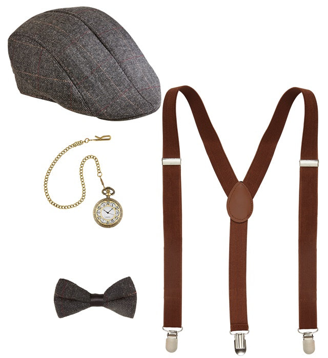 The Roaring 20S Fashion  Flat Hat, Braces, Bow Tie, Pocket Watch 