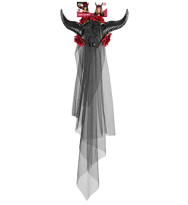 Bridal Veil With Horns, Roses, Lace And Black Gem