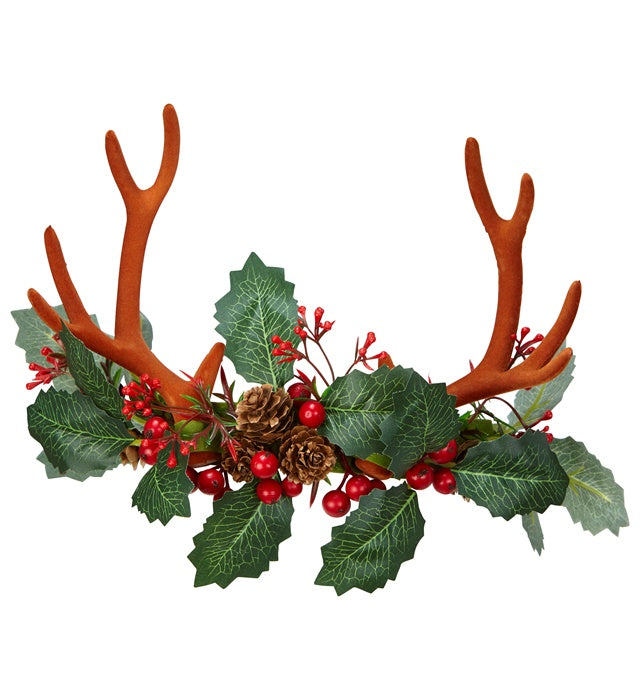 Reindeer Horns With Holly And Pine Cones