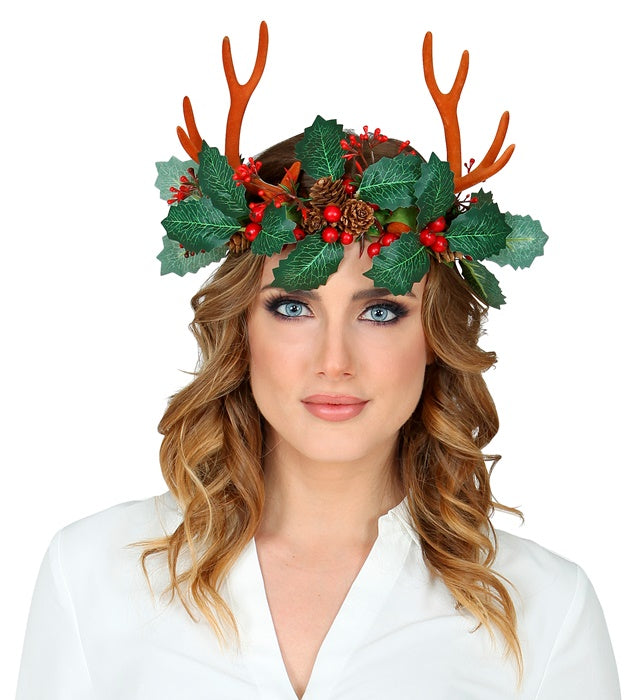 Reindeer Horns With Holly And Pine Cones