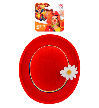 Felt Red Bowler Hat With Multicolor Band & Flower