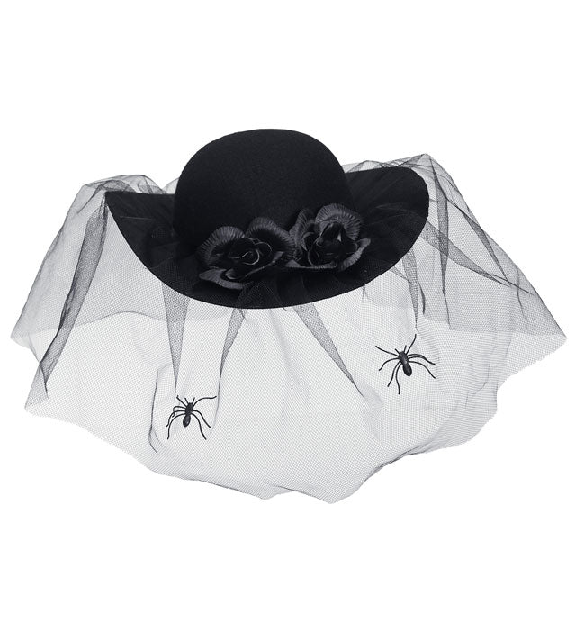Felt Black Widow Hat With Roses, Veil & Spiders