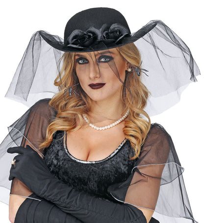 Felt Black Widow Hat With Roses, Veil & Spiders