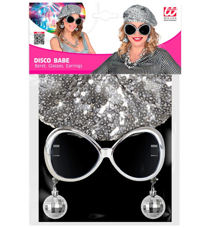 Disco Babe  Sequin Beret,  Glasses, Disco Ball Earrings 