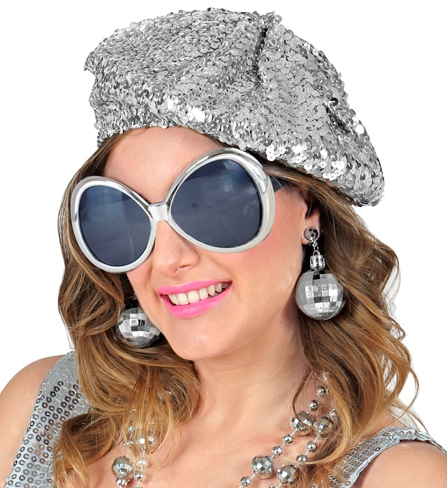 Disco Babe  Sequin Beret,  Glasses, Disco Ball Earrings 