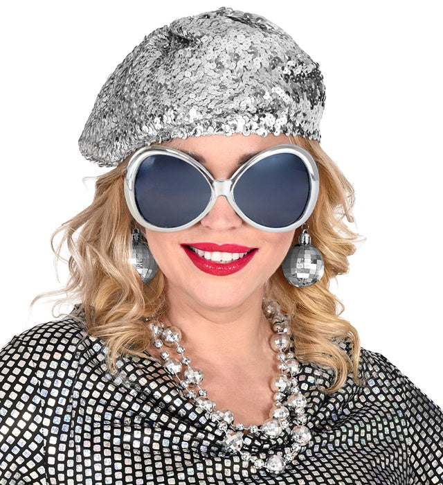 Disco Babe  Sequin Beret,  Glasses, Disco Ball Earrings 