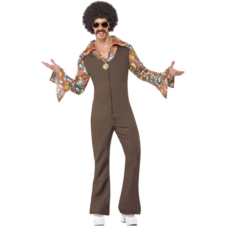 70s Groovy Boogie Costume Brown Jumpsuit with Attached Flowered Shirt 1
