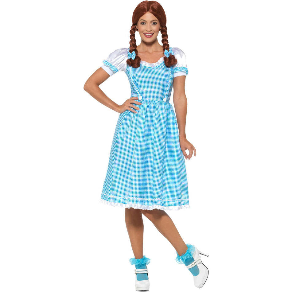 Kansas Country Girl Costume Adult Blue White Checked Dress and Hair Bows 1