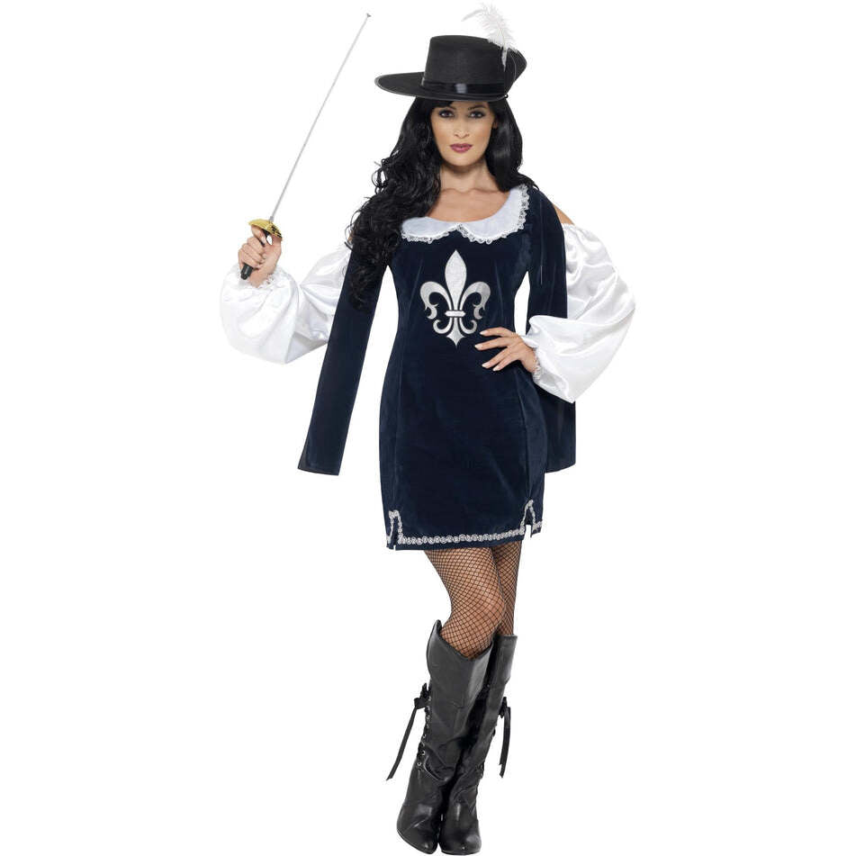 Musketeer Female Costume Adult Navy Blue Dress with White Sleeves Hat 1