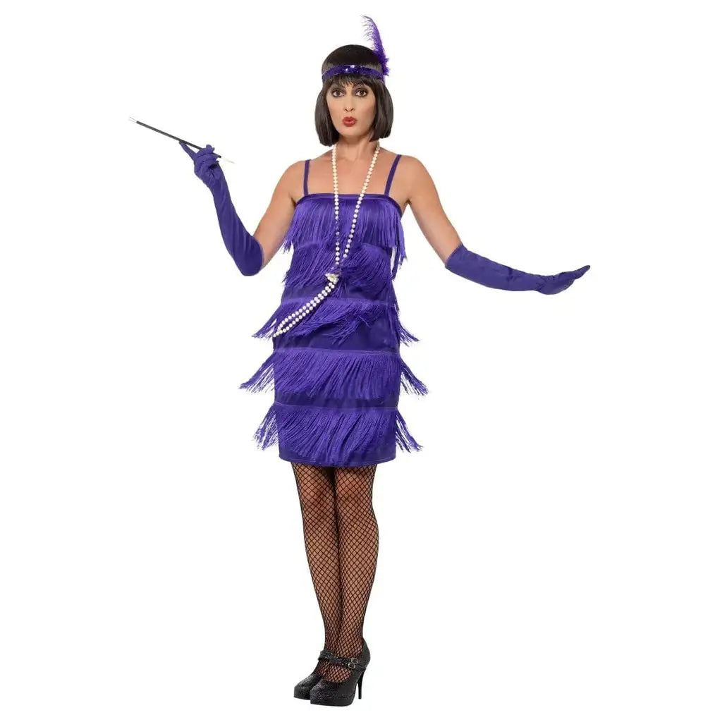 Flapper Dress Costume Adult Short Purple Dress Feather Headband and Long Gloves 1