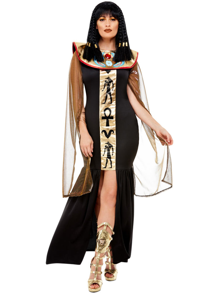 Egyptian Goddess Costume Long Black Dress With Gold and Black Hieroglyphics Print With Bronze Coloured Cape